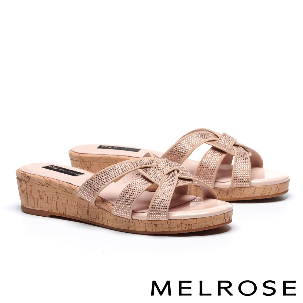 拖鞋 MELROSE 魅力閃耀水鑽羊麂皮楔型低跟拖鞋－粉