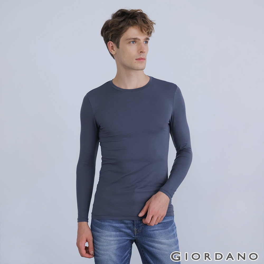 GIORDANO 男裝G-Warmer彈力圓領極暖衣 - 13 靛槐藍