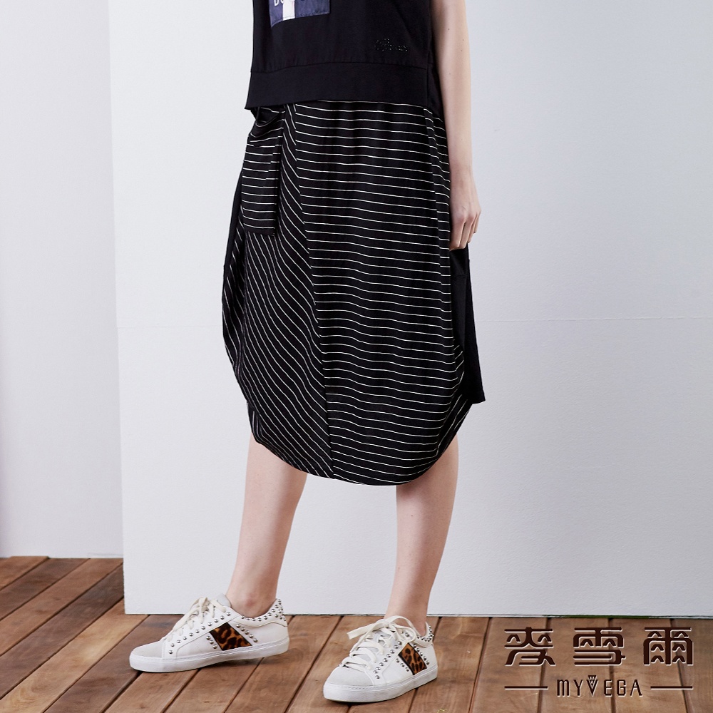 【麥雪爾】棉質條紋拼接不規則造型裙