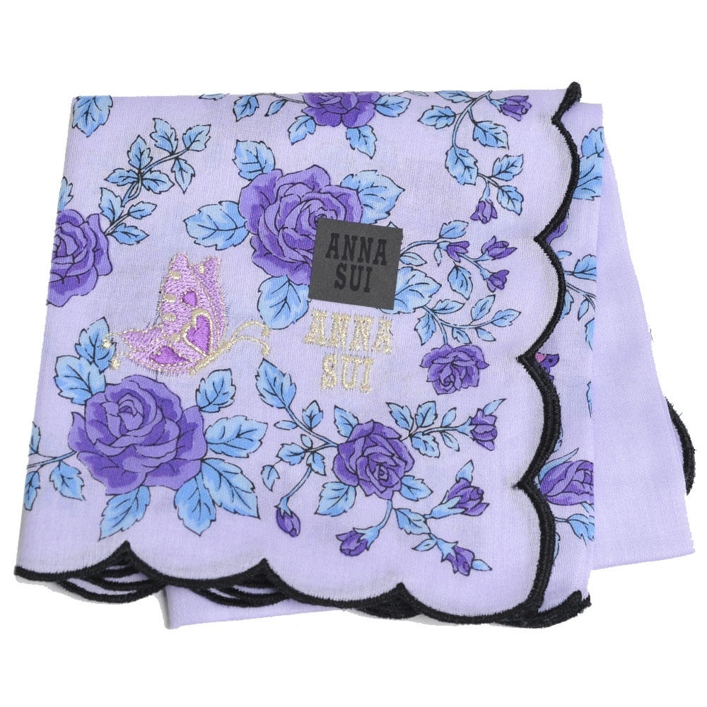 ANNA SUI 優雅玫瑰蔓藤圖騰蝴蝶字母LOGO刺繡帕領巾(紫色)