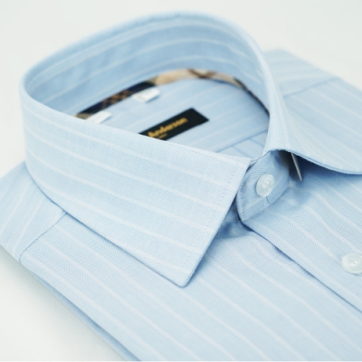 金安德森 經典格紋繞領藍色寬紋窄版長袖襯衫