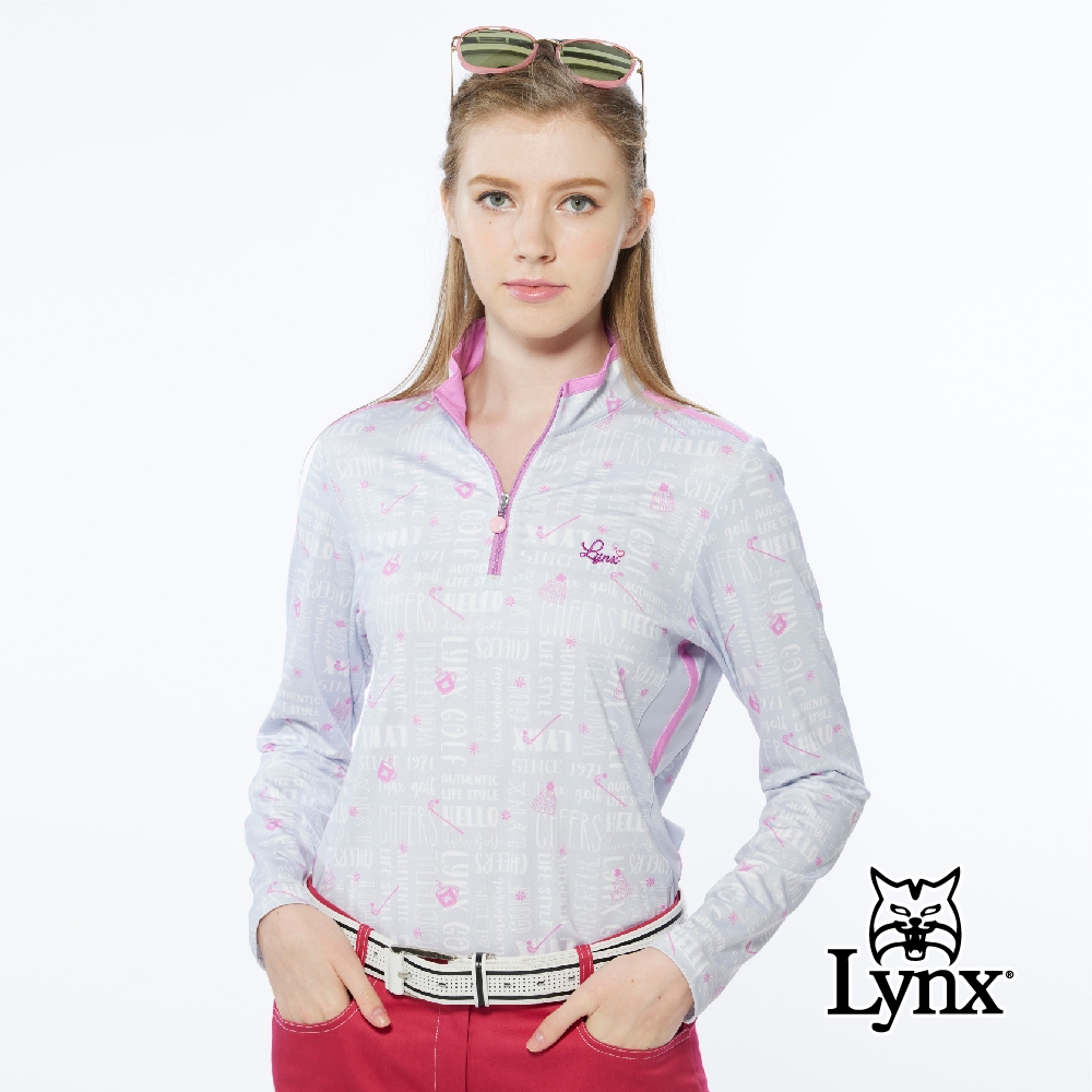 【Lynx Golf】女款合身版吸濕排汗俏皮高爾夫圖案印花長袖立領POLO衫-淺灰色