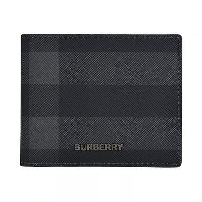 BURBERRY HIPFOLD精緻雷雕LOGO塗層帆布拼牛皮6卡短夾(深炭黑x格紋)