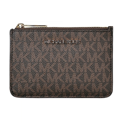 MK MICHAEL KORS JET SET 銀字LOGO滿版字母印花PVC 3卡拉鍊鑰匙零錢包(棕)