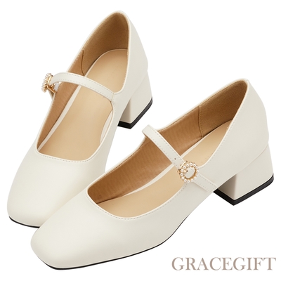 【Grace Gift】素面珍珠圓釦細帶中跟瑪莉珍鞋 杏