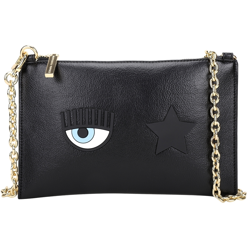 Chiara Ferragni Eye Star 矽膠眨眼星星油蠟皮革鍊帶手拿包/斜背包(黑色)