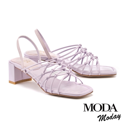 涼鞋 MODA MODAY 簡約交叉線條羊皮方頭粗跟涼鞋－紫