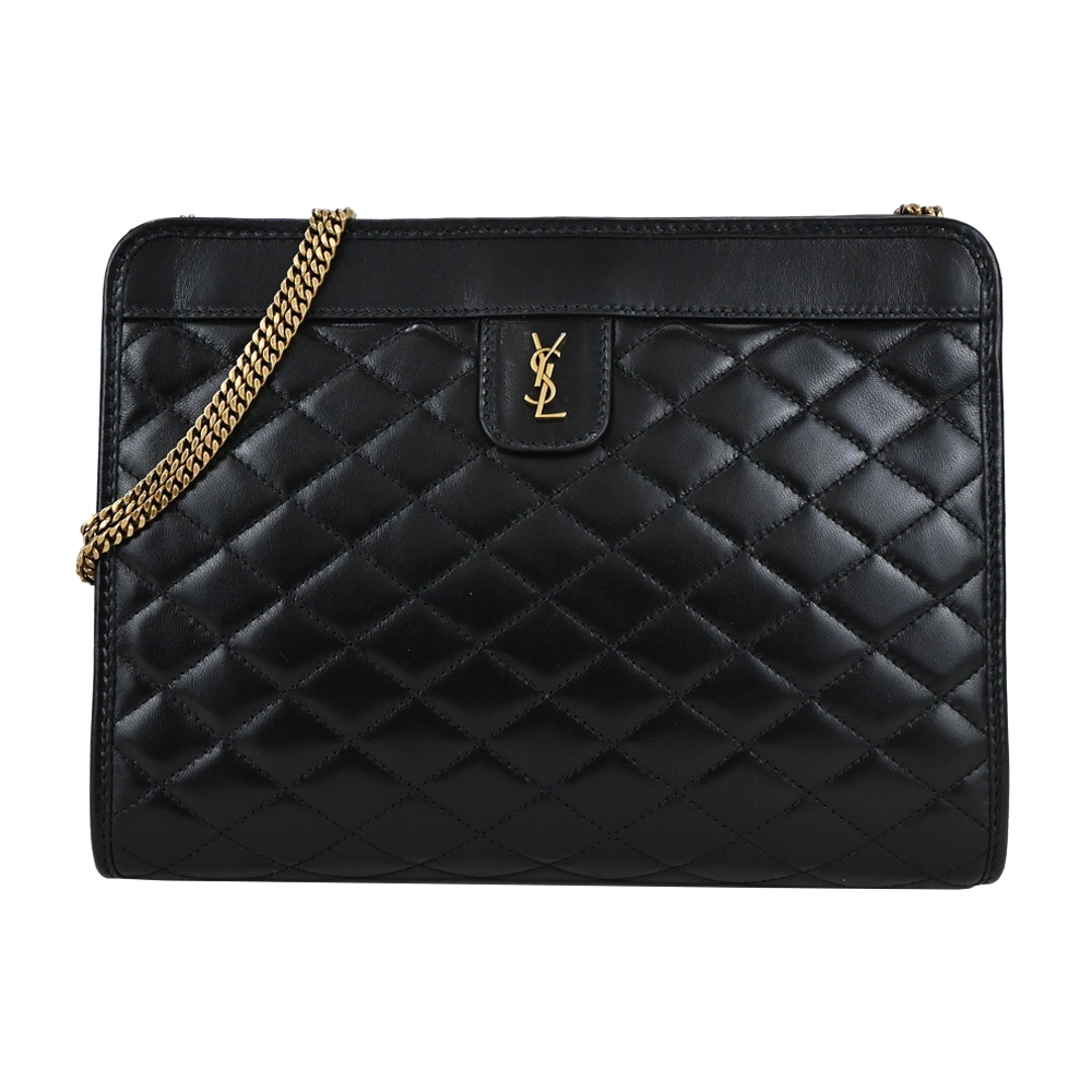 YSL  SAINT LAURENT VICTOIRE金屬LOGO縫線小羊皮肩背/斜背包(金X黑)