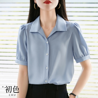 初色 純色泡泡短袖POLO領褶皺垂感顯瘦襯衫上衣-藍色-68919(M-2XL可選)
