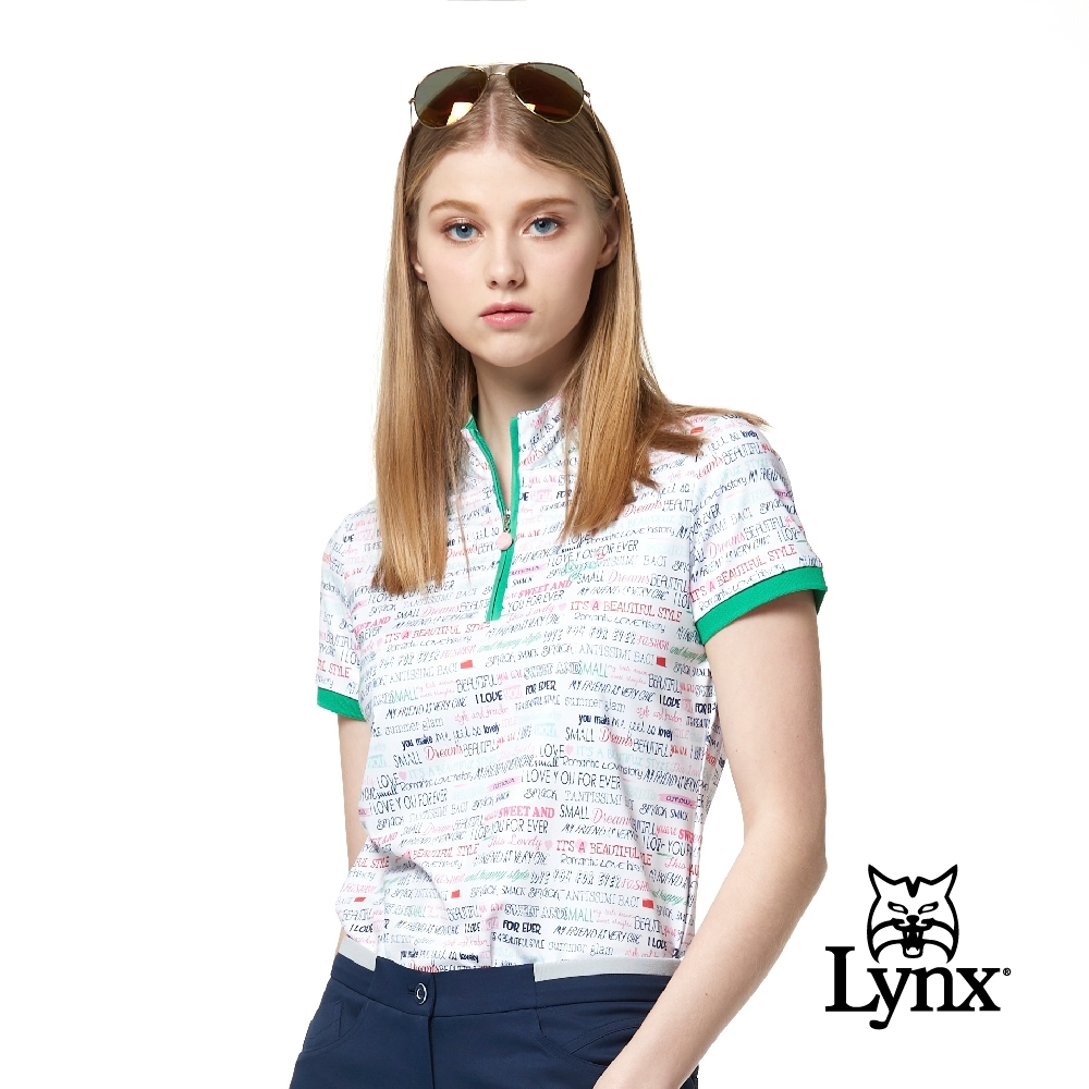 【Lynx Golf】女款吸汗速乾合身版造型拉頭文字印花短袖立領POLO衫-白色