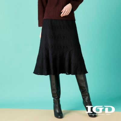 【IGD 英格麗】浪漫蕾絲緞帶綴飾過膝裙-黑