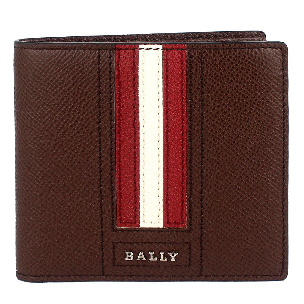 BALLY TRASAI品牌字樣經典紅白條紋咖啡色皮革短夾(8卡)