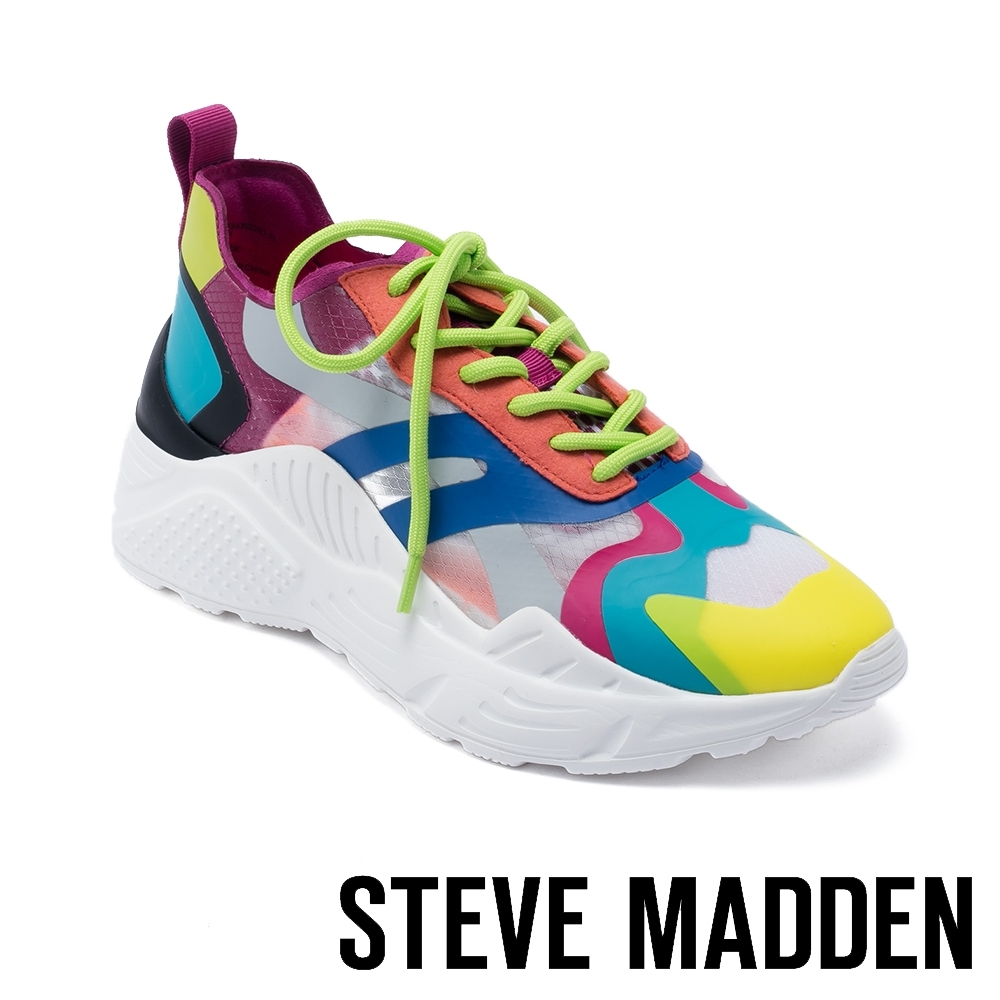 STEVE MADDEN-ASHEN 多彩視覺玩色半透明平底增高休閒鞋-撞色橘