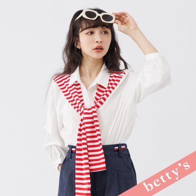 betty’s貝蒂思 假兩件條紋披肩抓皺襯衫(米白色)