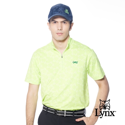 【Lynx Golf】男款吸溼排汗機能滿版Lynx字樣組合星星圖樣印花短袖立領POLO衫-果綠色