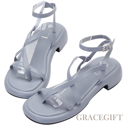 【Grace Gift】不規則帶圓頭中跟涼鞋 藍灰