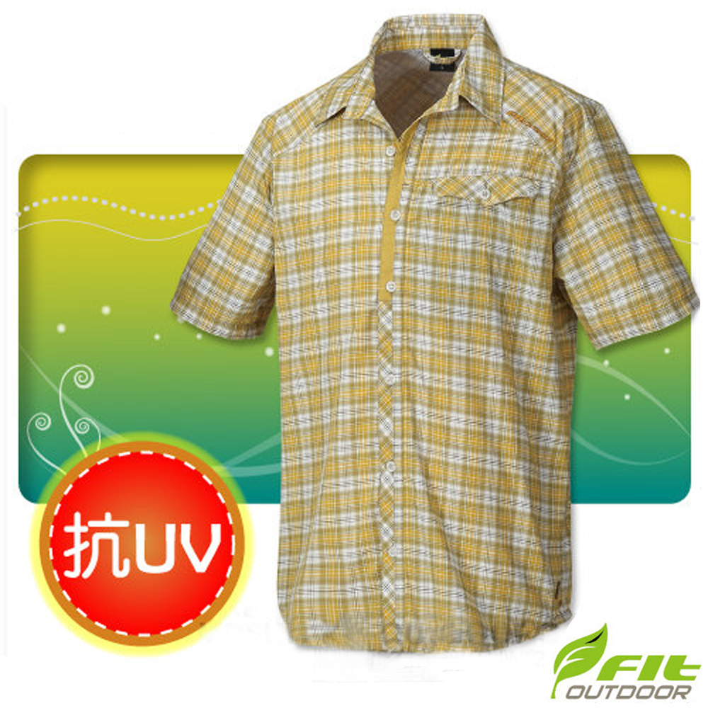 FIT 男新款 格紋吸排抗UV短袖襯衫_FS1201 薑黃色