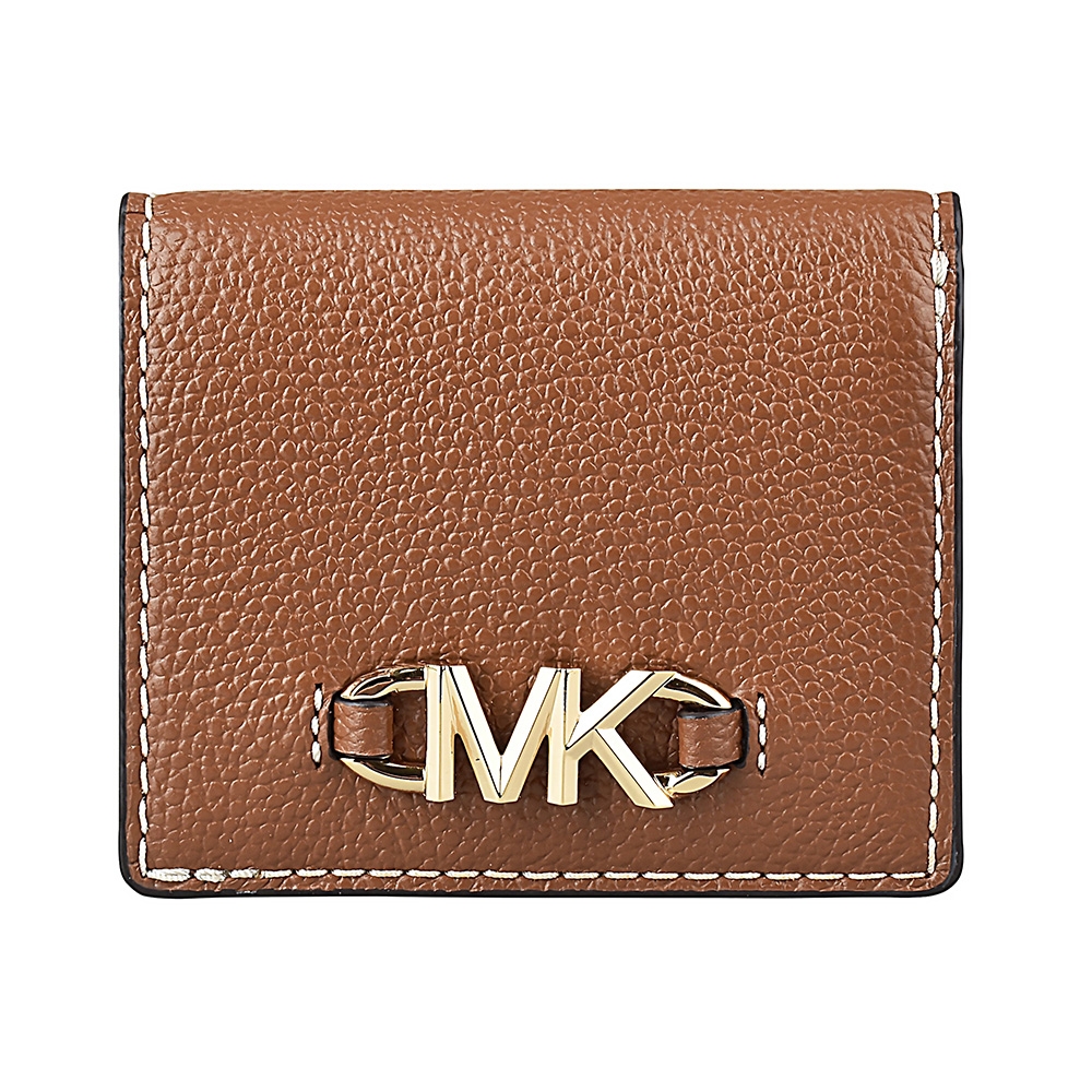 MICHAEL KORS IZZY金字字母LOGO荔枝紋小牛皮5卡扣式短夾(小/棕)