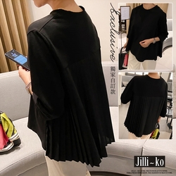 JILLI-KO 自訂款時尚純色氣質後壓褶拼接七分袖寬鬆上衣- 黑色