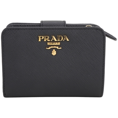 PRADA Saffiano 金字浮刻撞色內層防刮牛皮對折短夾(黑色)