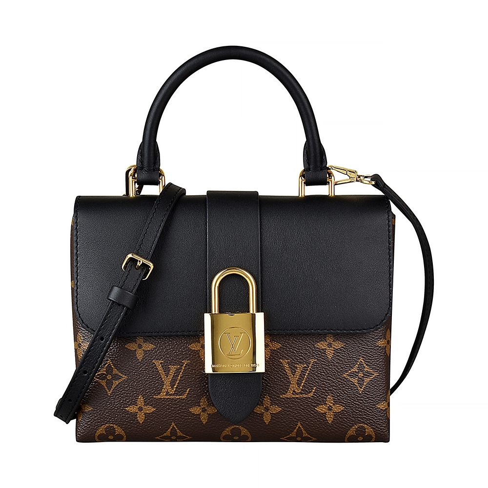 LV M44141 LOCKY BB花紋LOGO Monogram帆布扣式手提斜背包(黑)