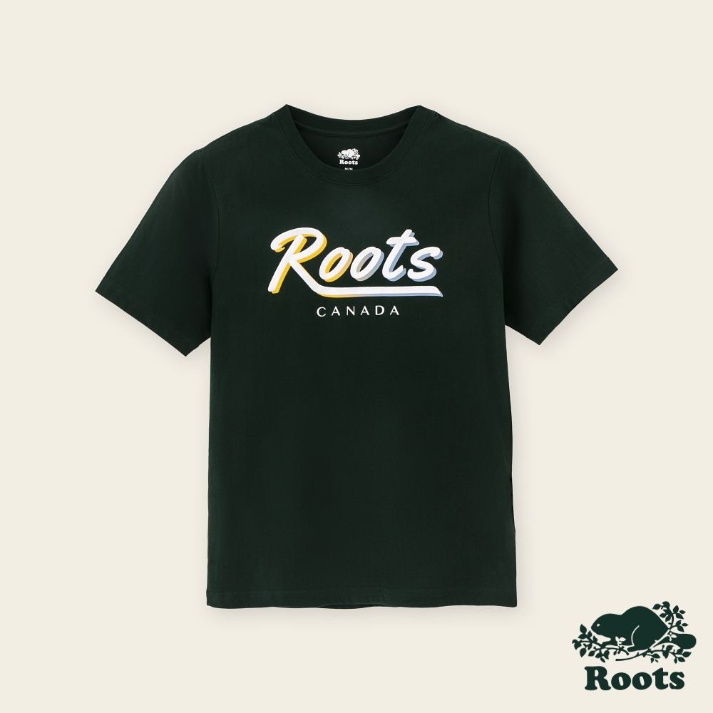 Roots男裝-繽紛花卉系列 漸層文字有機棉短袖T恤-深綠色