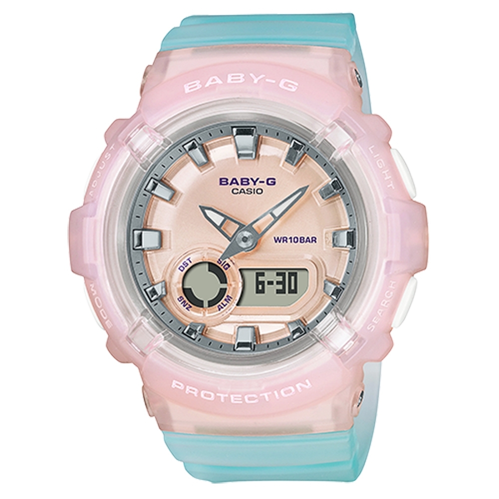 CASIO 卡西歐 Baby-G LA街頭設計 金屬光感 半透明 雙顯手錶 迎春好禮-淺粉x湖水藍 BGA-280-4A3