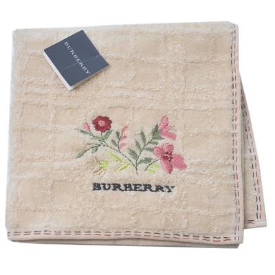 BURBERRY 優雅格紋花朵字母刺繡LOGO小方巾(淺駝色系)