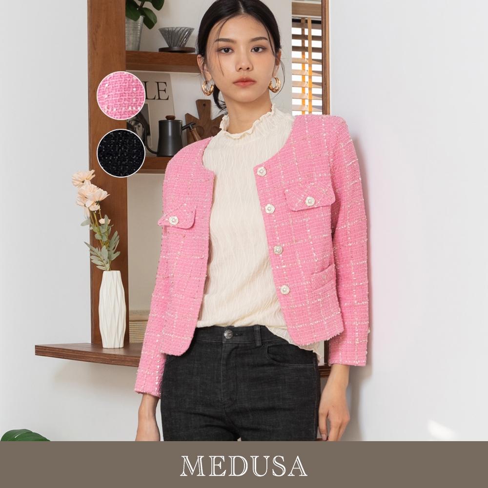 現貨【MEDUSA 曼度莎】不規則珍珠釦混紡小香風外套 - 2色（M-XL）｜女外套 毛呢外套 西裝外套