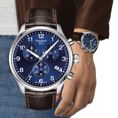 TISSOT天梭 官方授權 韻馳系列 XL計時碼錶石英腕錶-藍x棕 禮物推薦 畢業禮物 45mm/T1166171604700