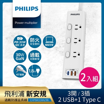 PHILIPS飛利浦 新安規 3開3插 2USB+Type C PD 30W GaN 氮化鎵延長線1.8米 2入組 CHP8431