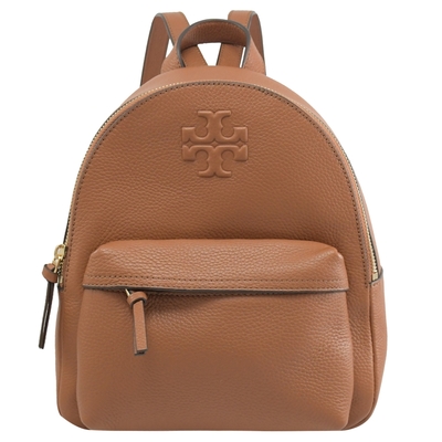 TORY BURCH THEA 浮凸LOGO荔枝皮革素色拉鍊後背包(咖)