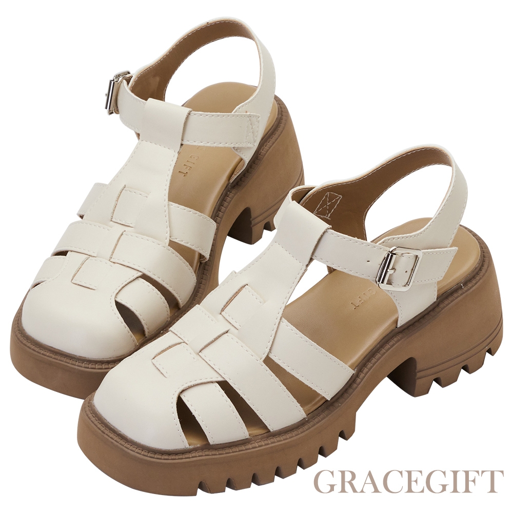 【Grace Gift】圓頭寬帶厚底魚骨編織涼鞋 米白