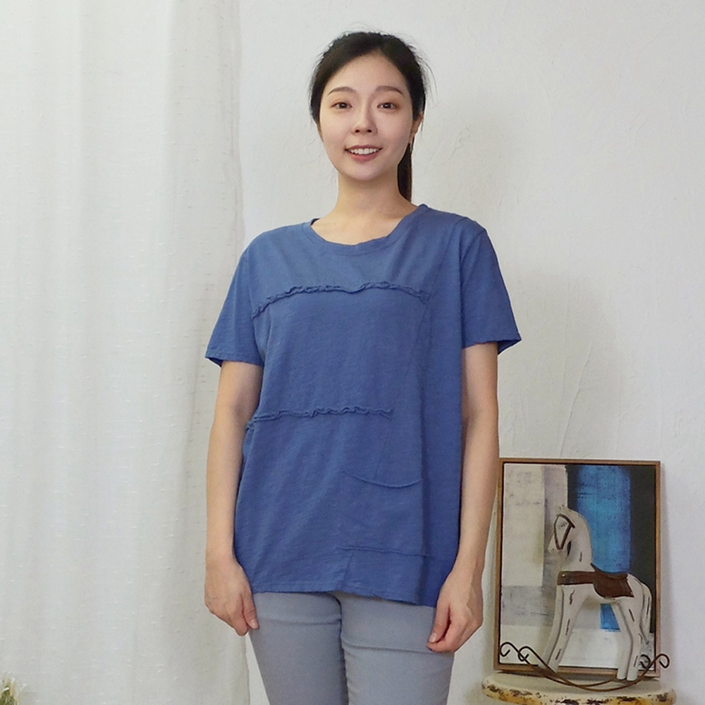 Hana-Mokuba花木馬日系女裝圓領不對稱捲邊設計休閒T恤_中藍