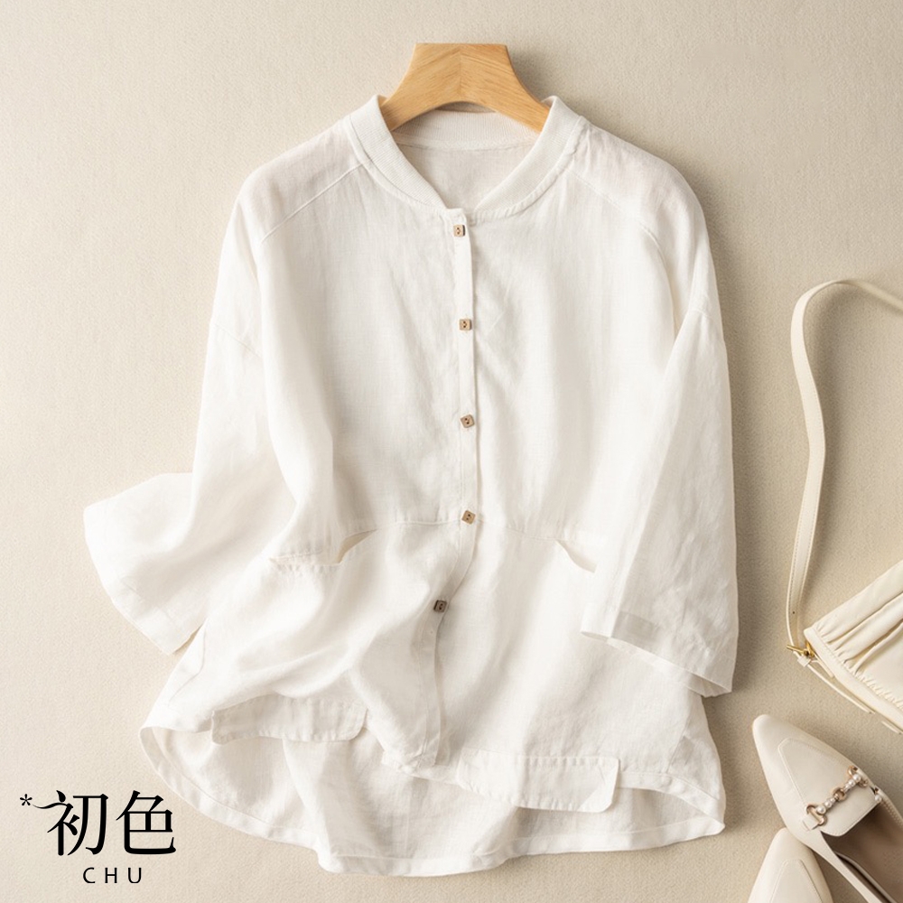 初色  復古棉麻風輕薄棒球服領襯衫上衣-共5色-63287(M-2XL可選)