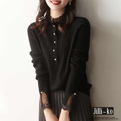 JILLI-KO 時尚設計款女蕾絲長袖坑條針織上衣- 黑色