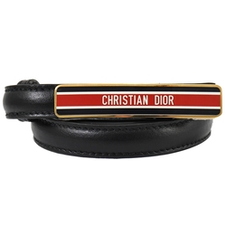 Christian Dior 金屬方牌LOGO皮帶釦超窄版穿扣式小牛皮皮帶(黑/紅)