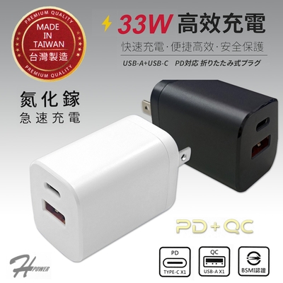 HPower 33W氮化鎵 雙孔PD+QC 手機快速充電器(台灣製造)