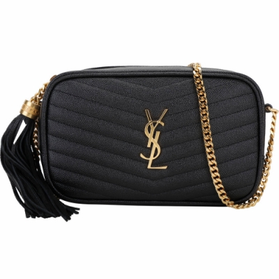 YSL Saint Laurent LOU 迷你款 金字牛皮金屬頭流蘇斜背包(黑色)