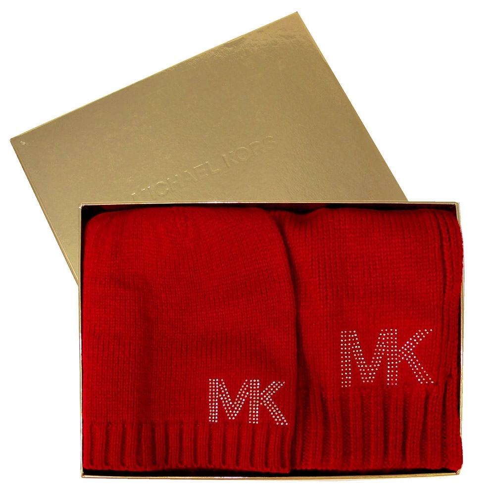 MICHAEL KORS 金色亮飾MK LOGO毛線帽/圍巾禮盒組(紅色)