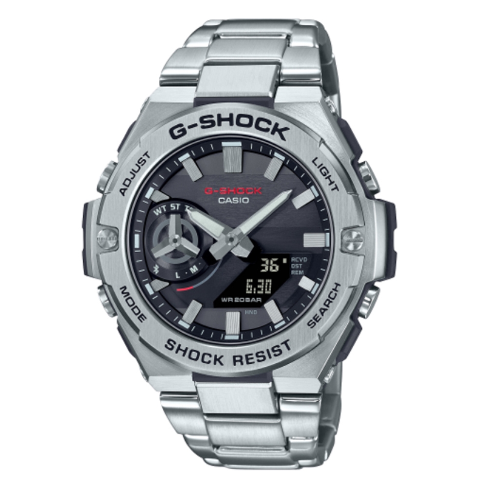 CASIO 卡西歐 G-SHOCK 太陽能x藍牙連線 碳纖維雙顯腕錶 母親節 禮物 48.9mm / GST-B500D-1A