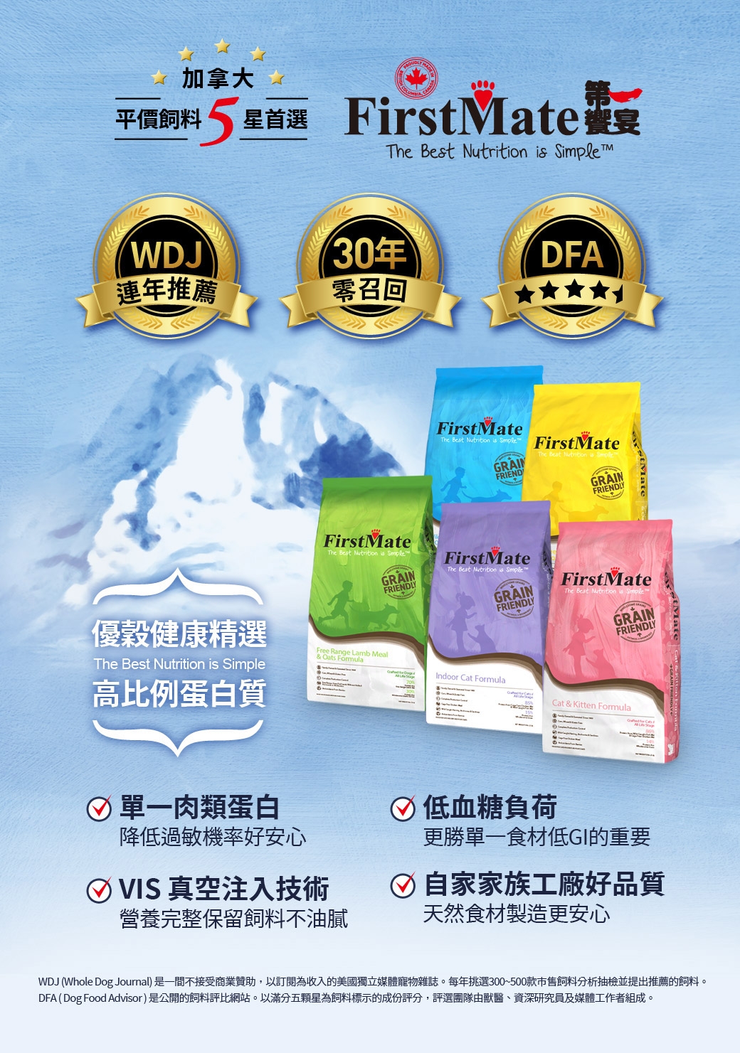 加拿大平價料5星首選 FirstMate The Best    WDJ30年DFA連年推薦零召回FirstMateThe Best   GRAINFRIENDLYFirstMateThe Best  is GRAINFRIENDFirstMateGRAINFRIENDLYFirstMateThe Best Nutrition is SimpleGRAINFRIENDLYFirstMateThe Best Nutrition is GRAINFRIENDLY優健康精選The Best Nutrition is Simple高比例蛋白質Free Range Lamb Meal&  FormulaIndoor Cat FormulaCat & Kitten FormulatMate單一肉類蛋白降低過敏機率好安心VIS 真空注入技術營養完整保留飼料不油膩低血糖負荷更勝單一食材低GI的重要自家家族工廠好品質天然食材製造更安心WDJ (Whole Dog Journal)是一間不接受商業贊助,以訂閱為收入的美國獨立媒體寵物雜誌。每年挑選300~500款市售飼料分析抽檢並提出推薦的飼料。DFA (Dog Food Advisor)是公開的飼料評比網站。以滿分五顆星為飼料標示的成份評分,評選團隊由獸醫、資深研究員及媒體工作者組成。