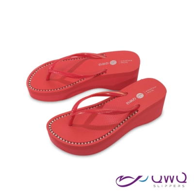 QWQ 女款6cm厚底夾腳拖鞋-璀璨水鑽-增高修身-厚底拖鞋-搖滾紅(CEBB00101)