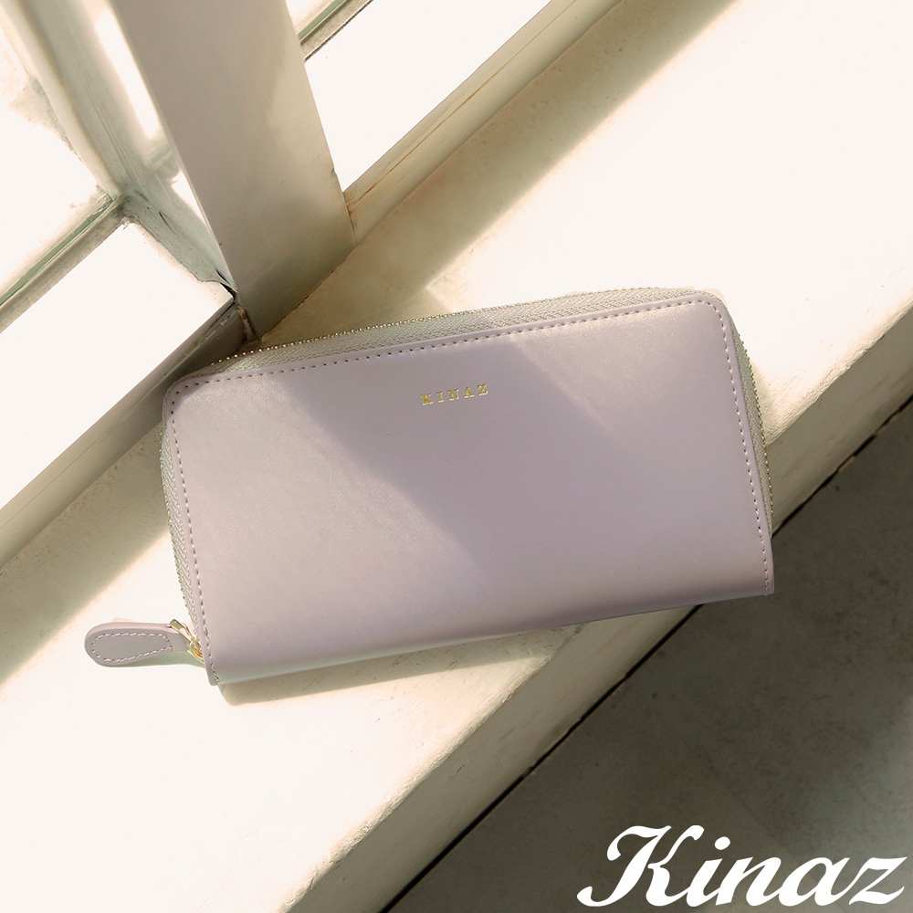 KINAZ 牛皮ㄇ型拉鍊鈔票零錢袋長夾-粉彩紫-馬賽克系列