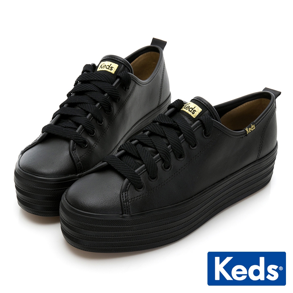 Keds TRIPLE UP 小心機厚底皮革綁帶休閒鞋-黑