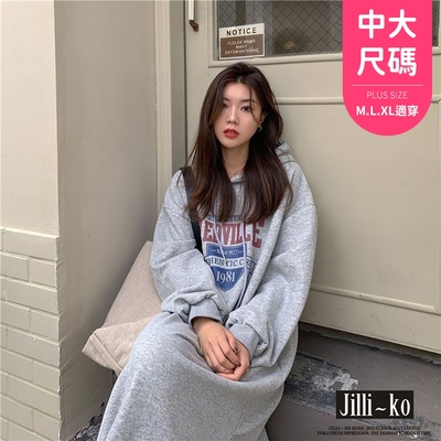 JILLI-KO 慵懶風長袖休閒連帽連衣裙女大學T英文印花長洋裝中大碼- 黑/灰