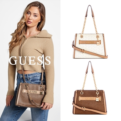 【GUESS】滿版印花LOGO配飾皮革斜背包-兩色任選