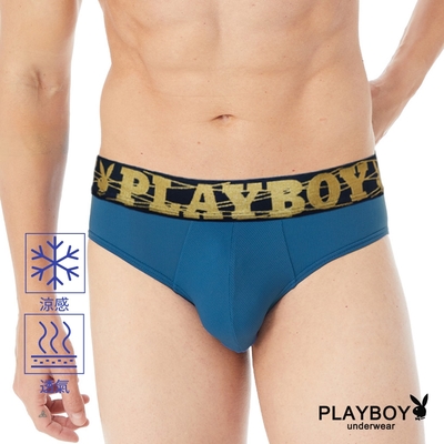 PLAYBOY 涼爽透氣網眼LOGO織帶三角褲-單件-普魯士藍