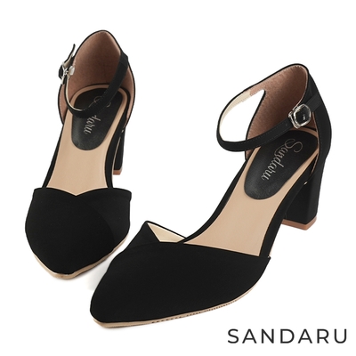 山打努SANDARU-中跟鞋 法式美型壓摺尖頭瑪麗珍鞋-黑