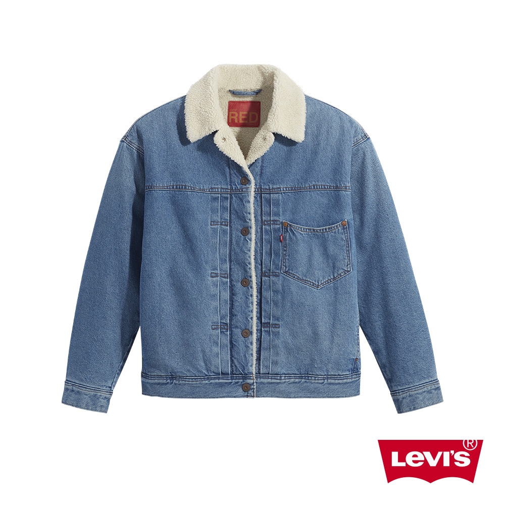 Levis Red工裝手稿風 女款 毛領牛仔外套 / 寬鬆休閒版型 / 精工中藍染水洗 / Sherpa棉花絨